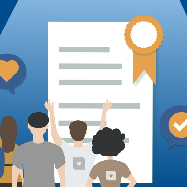 Image of over-sized legal document in background with people in the foreground. 