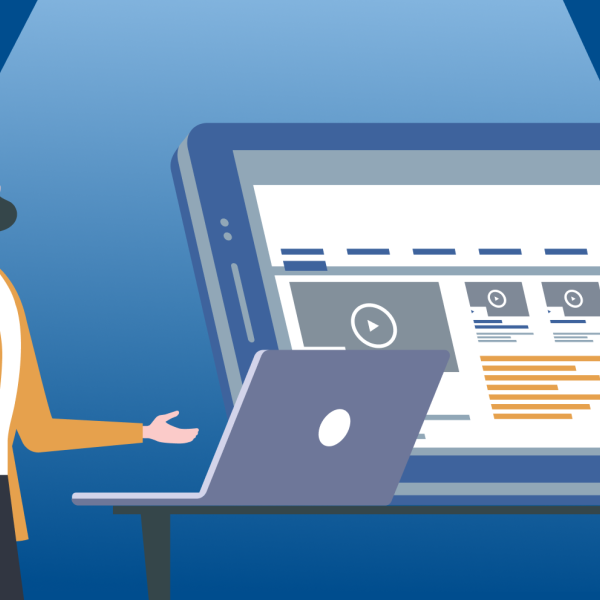 Graphical image of two laptop screen and larger monitor in the background.